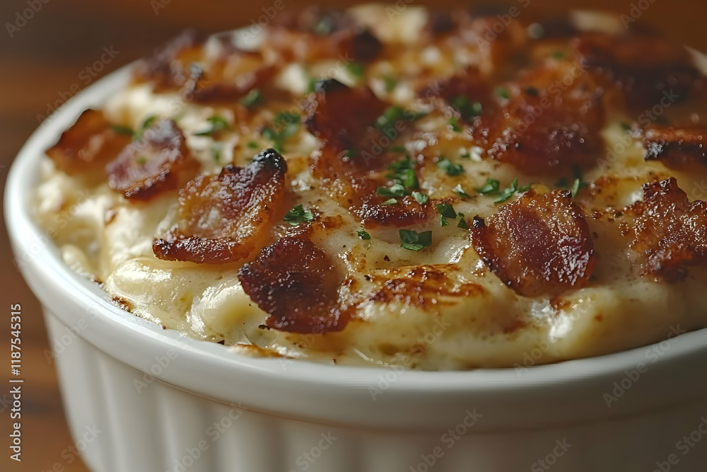 Close-up view of a creamy macaroni and cheese dish topped with crispy bacon and fresh parsley in a white bowl Close-up view of a creamy macaroni and cheese dish topped with crispy bacon and fresh parsley in a white bowl