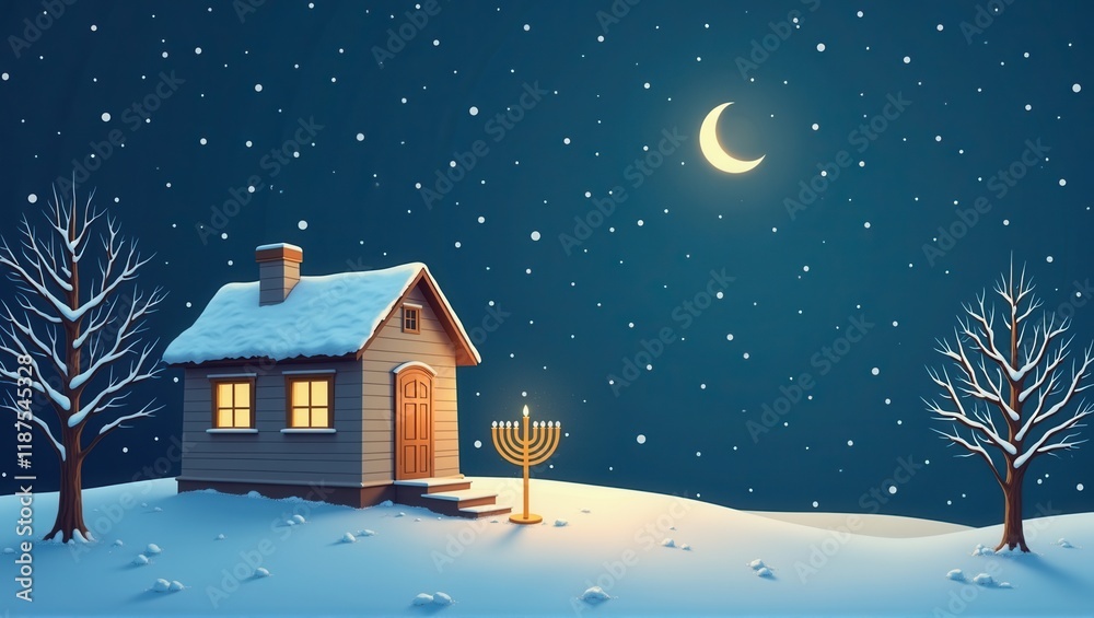 A cozy snow-covered house under a crescent moon, with a glowing menorah in the yard surrounded by serene snowy trees and a starry night sky. Generative, AI, A cozy snow-covered house under a crescent moon, with a glowing menorah in the yard surrounded by serene snowy trees and a starry night sky. Generative, AI,