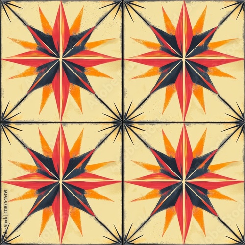 Mid century atomic patterns in pink, orange, yellow, and red on diamond argyle shapes, perfect for textile, fabric, home décor, and wallpaper