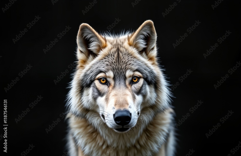 Fototapeta premium Arctic wolf portrait on black background. Animal head, upper body shown. Wild look. Predator face closeup. Photo shows details of fur, eyes. Image perfect for nature lovers. Great for wildlife