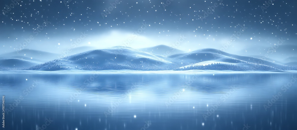 Serene Winter Landscape: Snow-Covered Hills and Tranquil Lake Serene Winter Landscape: Snow-Covered Hills and Tranquil Lake