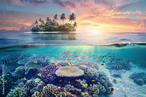 Tropical island with half under water view, version 32 