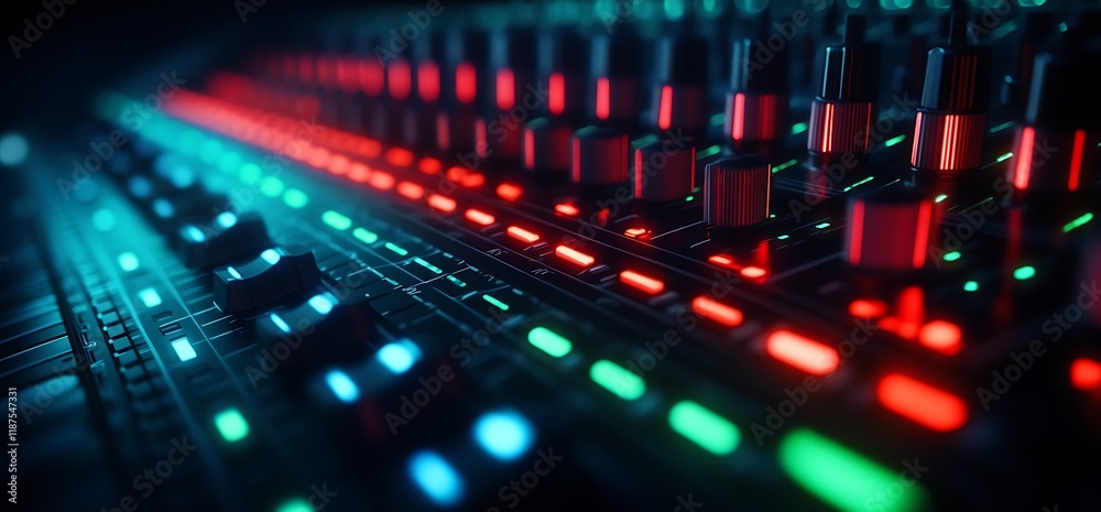 Illuminated audio mixing console close-up. Illuminated audio mixing console close-up.