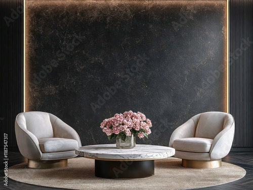 Modern living room with stylish armchairs, marble coffee table, ambient lighting, pink flowers and dark textured wall photo