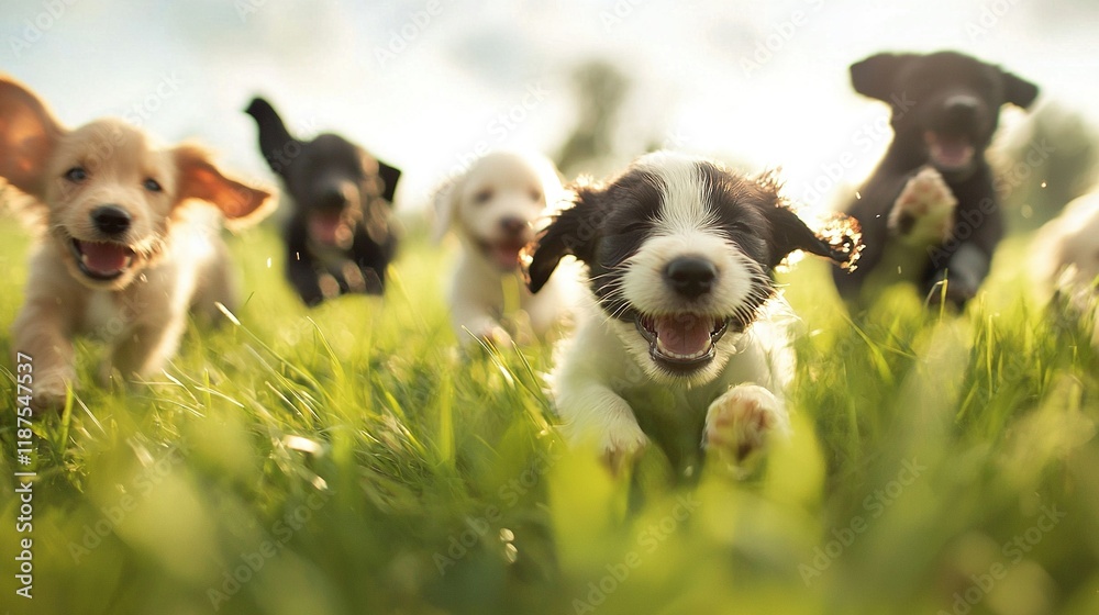 A group of puppies ran through a field of green grass with their mouths wide open A group of puppies ran through a field of green grass with their mouths wide open