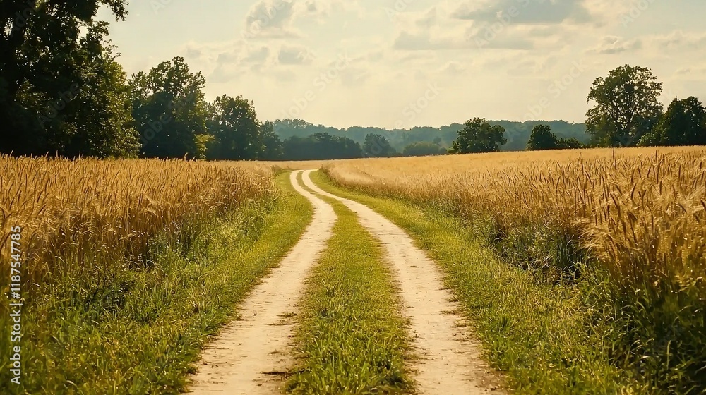 Naklejka premium A dirt road lined with tall grass on either side and surrounded by trees