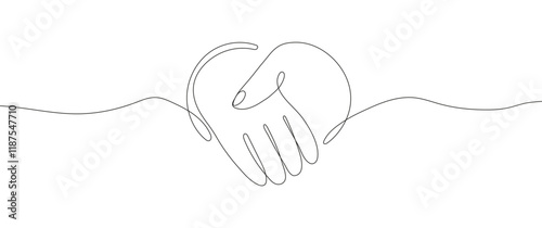 Continuous line drawing of a handshake in the shape of a heart, symbolizing love, support, and kindness.