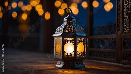 Ramadan Kareem greeting. Islamic lantern on night sky with moon and stars. Breaking of holy fast day. Muslim holiday.
 photo