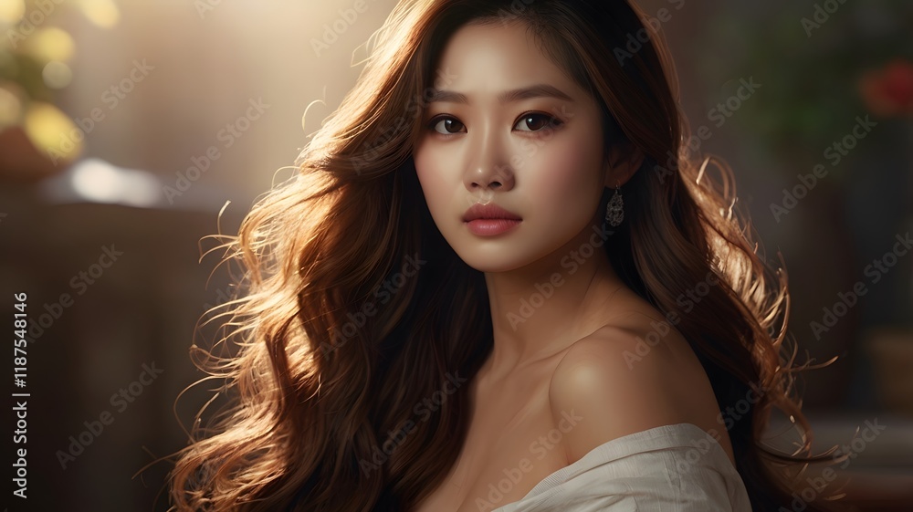 Naklejka premium Elegant Woman with Flowing Brown Hair: A Soft, Golden Portrait