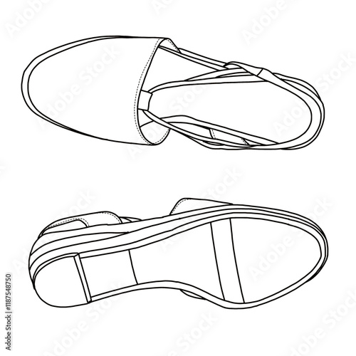 Women's Closed Toe Espadrilles Wedges with Slingback Strap Mid Low Heel line art, Technical sketch hand drawing outline vector doodle top and bottom view isolated on white background for coloring page