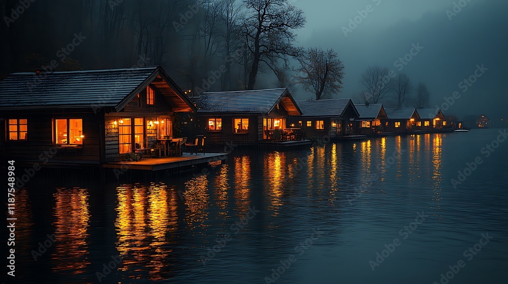 Fototapeta premium Illuminated lake houses at night, snow on roofs, reflections in calm water.