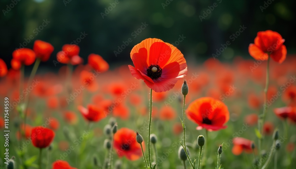 Fototapeta premium Vibrant red poppies fill field. Nature scene evokes remembrance. Flowers stand tall in green grass. Bright sunlight illuminates blossoms. Peaceful, solemn atmosphere. Suitable for remembrance day