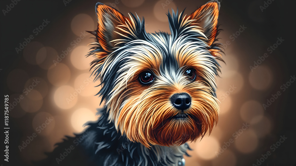 Naklejka premium Groomed Yorkshire Terrier looking curiously against a blurred background