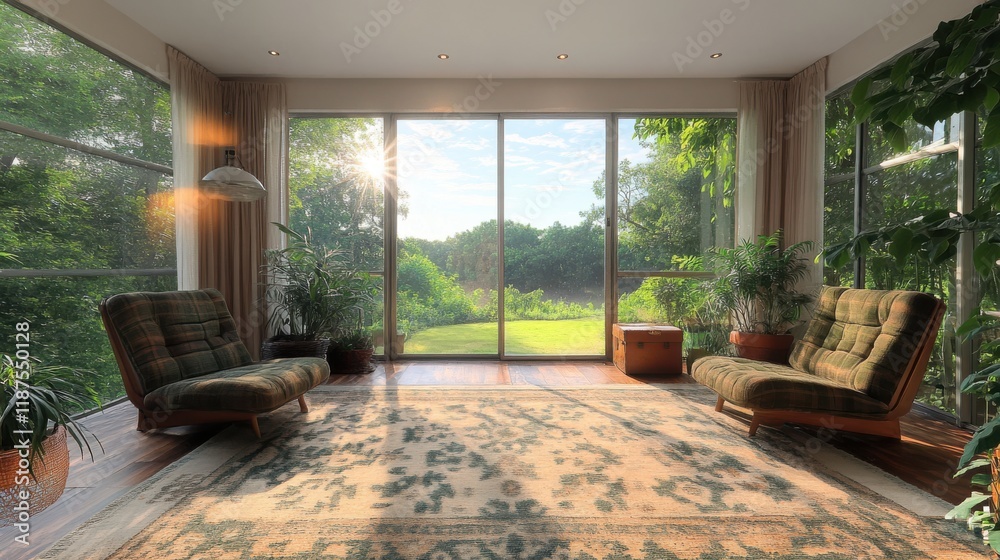 Obraz premium Sun shining into retro 1970s style living room with green garden view