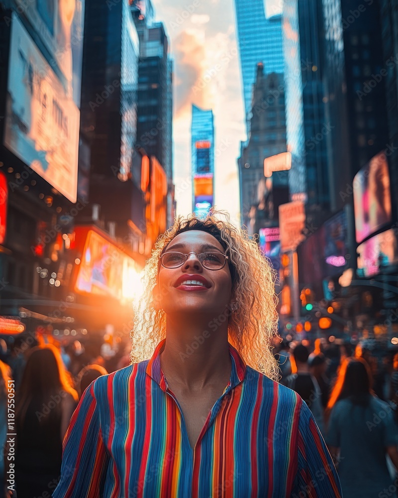 Portrait of a young woman smiling in sunglasses in vibrant Times Square New York City urban travel scene Portrait of a young woman smiling in sunglasses in vibrant Times Square New York City urban travel scene