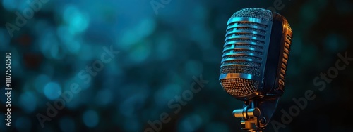 Microphone on Blue Background for Broadcasting and Recording Studio photo