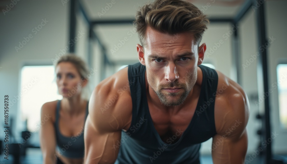 A muscular man focuses intently on his workout, showcasing his defined arms and strong physique, while a determined woman exercises in the background. This dynamic image captures the essence of