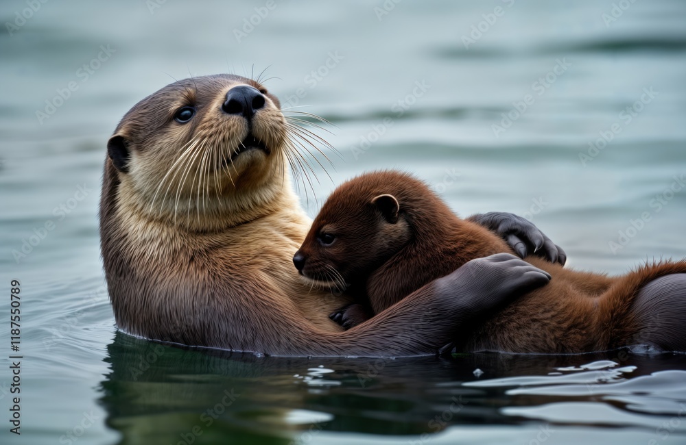 Fototapeta premium Sea otter mother, newborn pup cuddling in water. Otter family in Alaskan waters. Affectionate wildlife interaction. Cute animal moment in nature. Mother otter carefully holding baby. Playful scene in