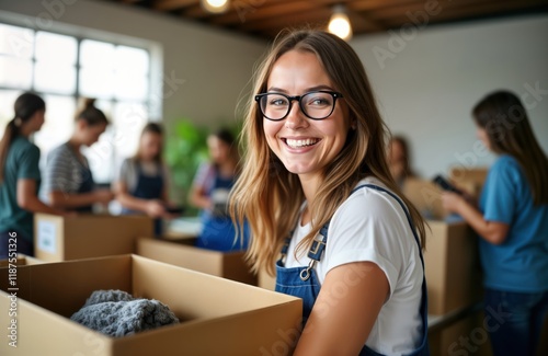 Smiling young woman holds cardboard box filled with clothes. Group of volunteers sorts donations inside charity center. Volunteers happily work together inside. Teamwork, community spirit highlight photo