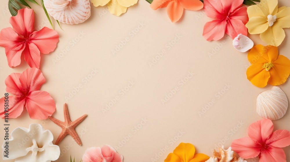 Obraz premium Summer beach decor with starfish and flowers for coastal design