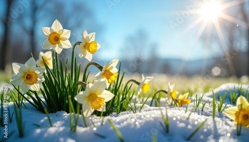 Spring flowers bloom amidst melting snow. Daffodils, grass sprout from ground covered with snow. Sunlight shines brightly on spring day. Vivid colors, fresh beauty prominent. Springtime in nature