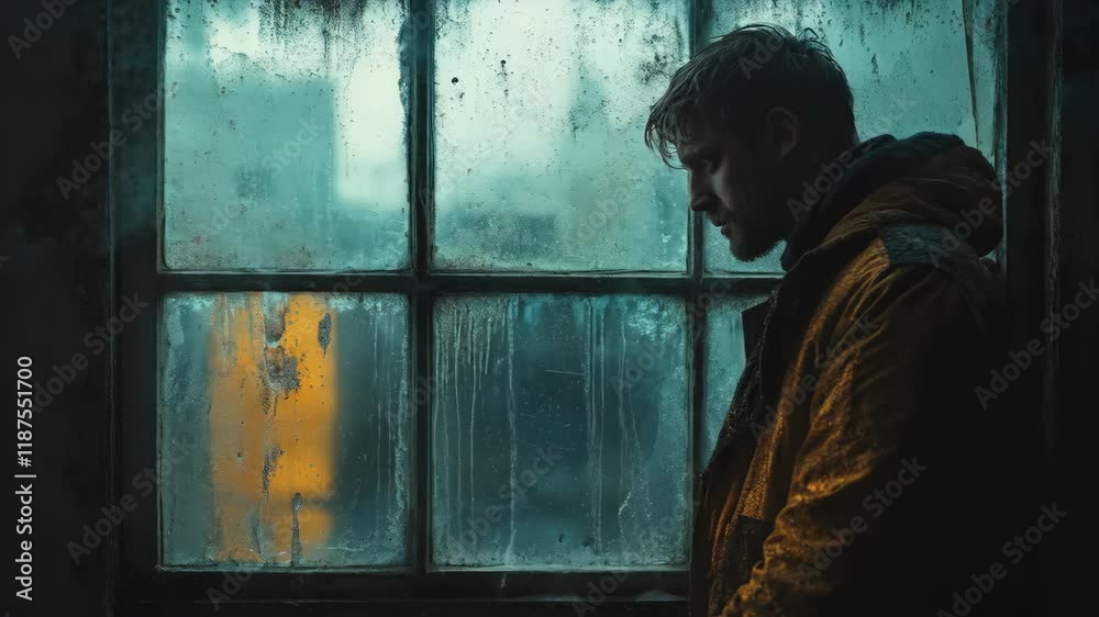 Sad depressed man in jacket stands near dirty window while rain drops flow down glass. Profile view of person experiencing emotional crisis. Concept of depression and mental struggle Sad depressed man in jacket stands near dirty window while rain drops flow down glass. Profile view of person experiencing emotional crisis. Concept of depression and mental struggle