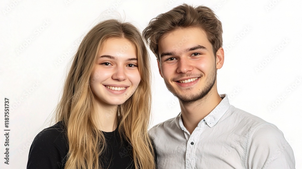 Dynamic Duo Portrait: Capturing the essence of friendship and partnership, a young, smiling couple stands shoulder to shoulder in a studio, ready to shine. Dynamic Duo Portrait: Capturing the essence of friendship and partnership, a young, smiling couple stands shoulder to shoulder in a studio, ready to shine.