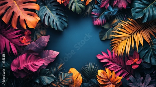 A vibrant display of tropical foliage framing a deep blue space perfect for digital art projects and creative presentations