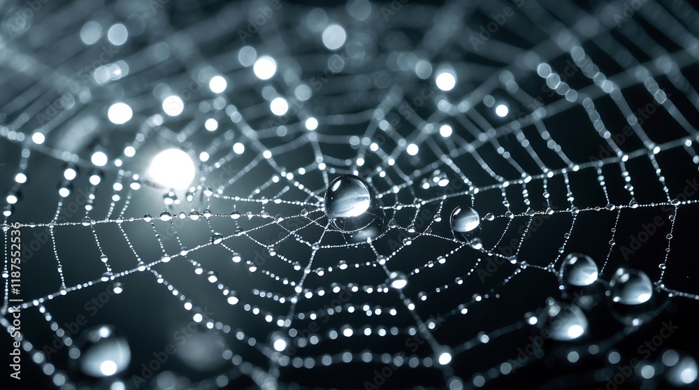 Obraz premium Dewdrops on Spiderweb: A Macro Photography Masterpiece