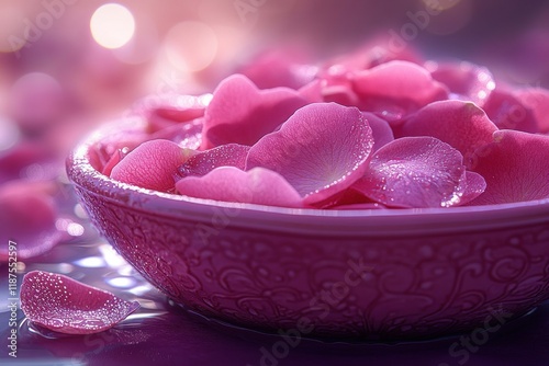 Rose Petals and Ornate Lamp on Purple Background for Celebrating Indian Festivals photo