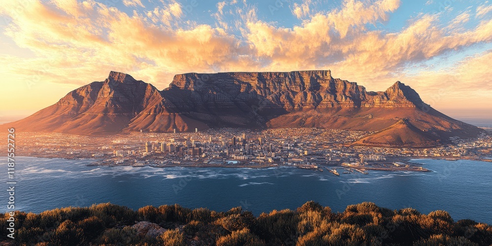 Fototapeta premium Breathtaking Aerial View of Cape Town with Iconic Table Mountain at Sunset Overlooking the Cityscape and Ocean Shoreline Ideal for Travel and Nature Enthusiasts