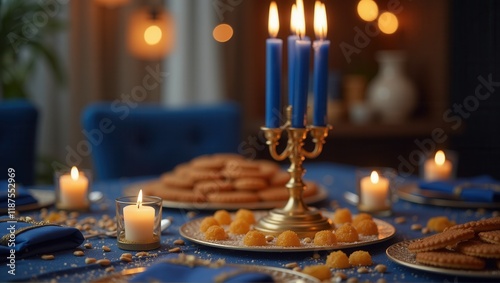 A golden menorah with blue candles on a festive table adorned with sweet treats and soft golden lights in the background, creating a warm Hanukkah atmosphere. Generative, AI, photo