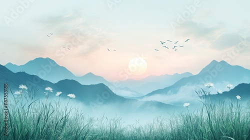 Tranquil Mountain Sunrise with Misty Valleys and Birds in Flight over Blossoming Meadow