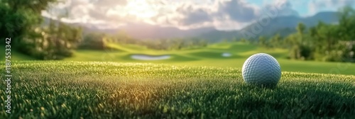 Golf ball in luxury golf sport resort in nature with green grass, panorama