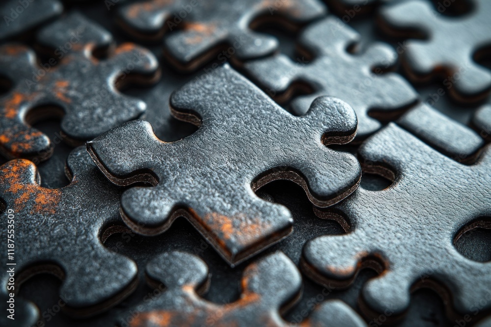 Abstract Black and White Jigsaw Puzzle Pieces with Dramatic Lighting and Textures Abstract Black and White Jigsaw Puzzle Pieces with Dramatic Lighting and Textures