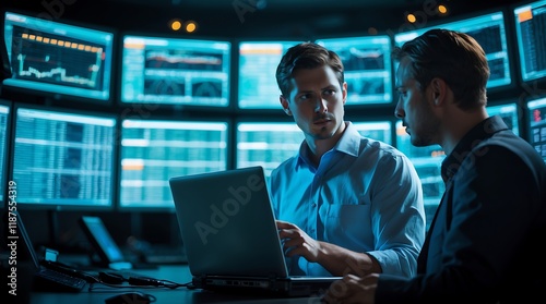 Tech Professionals Collaborating on Laptop with Data Visualization Screens