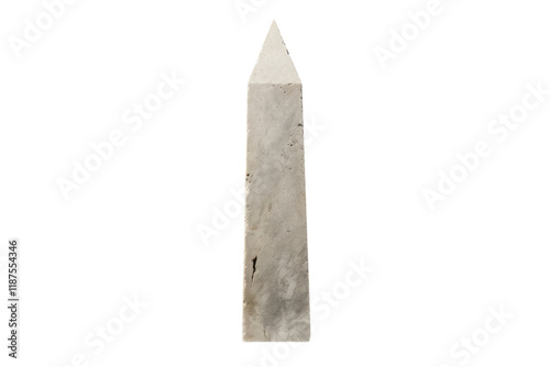 Stone obelisk standing upright on a neutral background highlighting its tall and slender form with a pointed tip