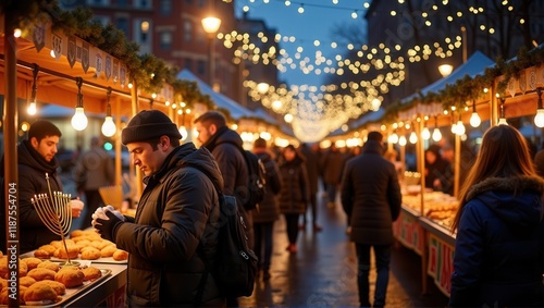 A festive market at dusk, with warm lights, people exploring stalls, and a Hanukkah menorah displayed near fresh baked goods. Generative, AI, photo