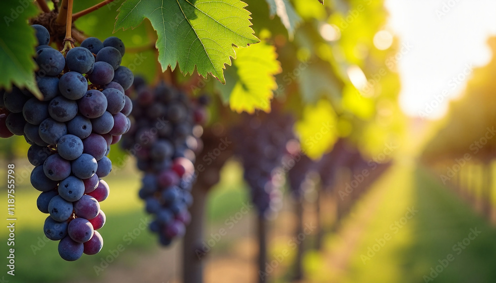 Fototapeta premium Grapes hanging on vine in vineyard during sunset
