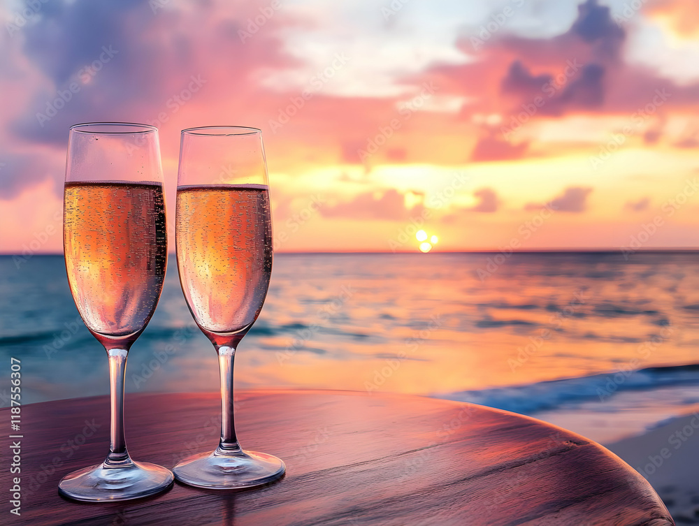 Two glasses of champagne on a table with a beautiful sunset over the ocean. Two glasses of champagne on a table with a beautiful sunset over the ocean.