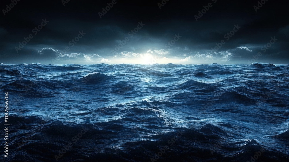 Fototapeta premium Dark and Dramatic Ocean at Night with Glowing Horizon