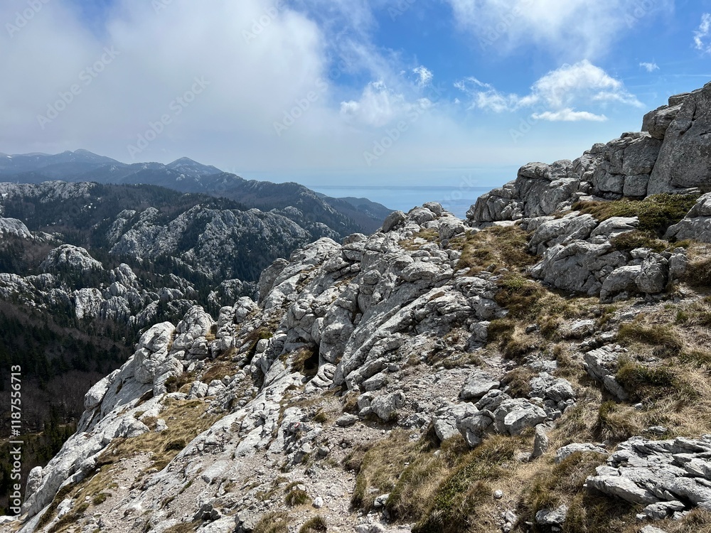 View of karst peaks and mountain forest from Balinovac peak - Northern Velebit National Park, Croatia (Pogled na krške vrhove i planinsku šumu s vrha Balinovac - Nacionalni park Sjeverni Velebit) View of karst peaks and mountain forest from Balinovac peak - Northern Velebit National Park, Croatia (Pogled na krške vrhove i planinsku šumu s vrha Balinovac - Nacionalni park Sjeverni Velebit)