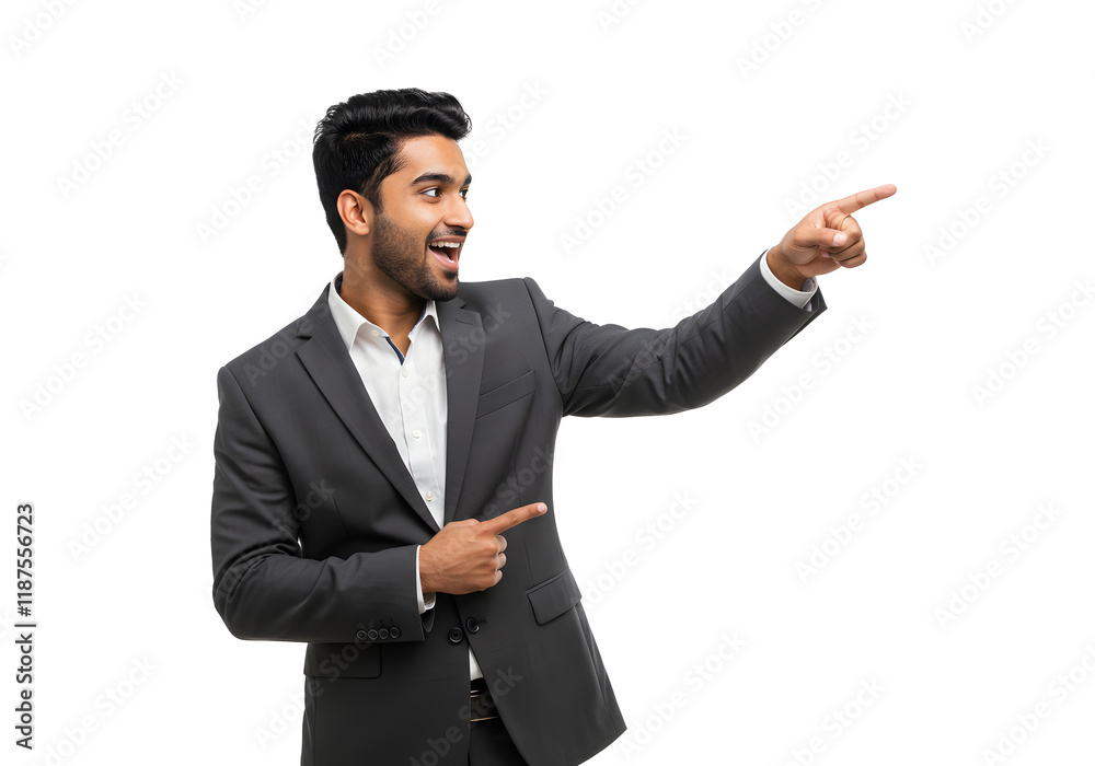 Handsome smiling male executive pointing his finger Handsome smiling male executive pointing his finger