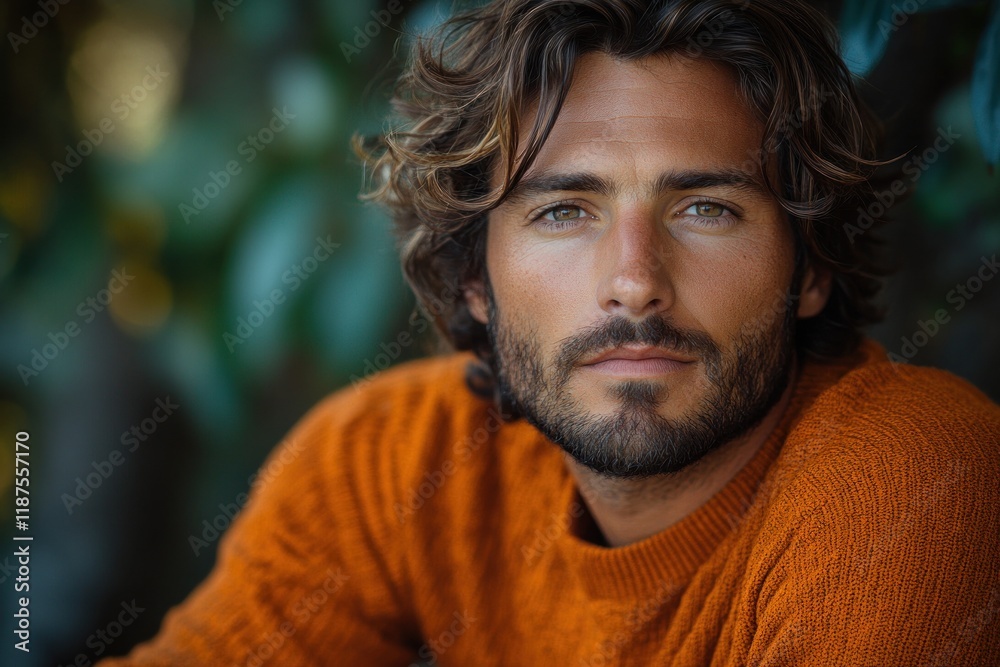 Smiling Young Businessman in Orange Sweater Outdoors Looking Confident and Serene Smiling Young Businessman in Orange Sweater Outdoors Looking Confident and Serene