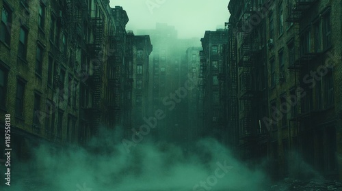 Dark and Foggy City Street, Mysterious Urban Landscape with Green Tinted Buildings photo