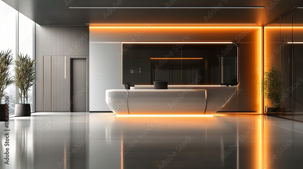 Modern Office Reception Area with Glowing Lines and Abstract Design Modern Office Reception Area with Glowing Lines and Abstract Design