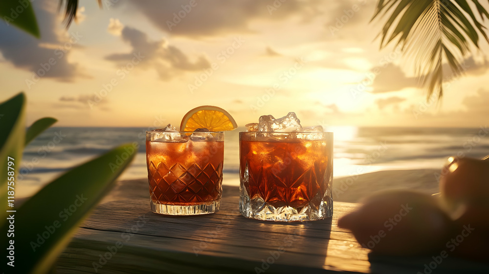 Two cocktails with ice and orange slices against a sunset beach backdrop. Two cocktails with ice and orange slices against a sunset beach backdrop.