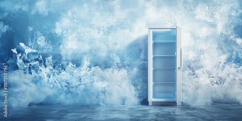 frozen fridge full of ice stand near iced wall, advertise banner concept background with space for text