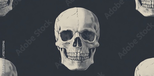 black isolated background featuring modern crossbones pirate seamless pattern Halloween skull