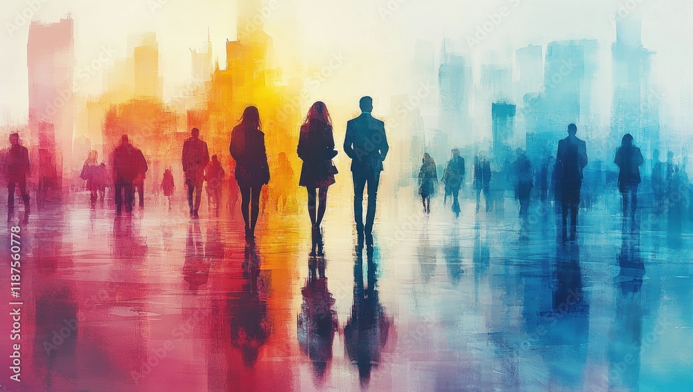 Silhouettes of Business People Engaged in Conversation with Soft Pastel Colors and Reflections
